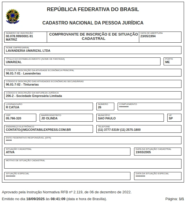 Cartão CNPJ Lavanderia Umarizal